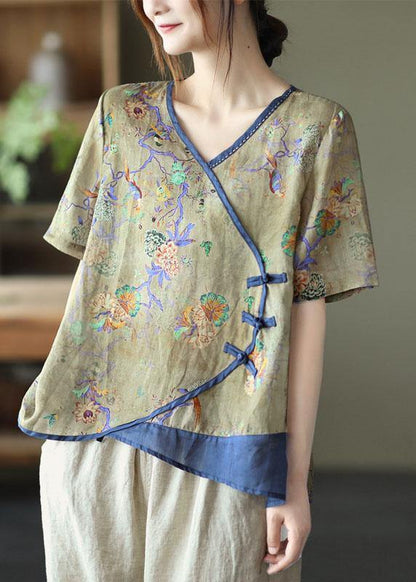 Simple Purple Print Ramie Oriental Summer Tops