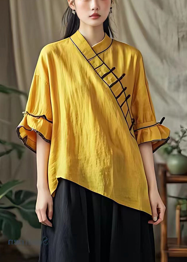 Yellow V Neck Cotton Blouses Half Sleeve