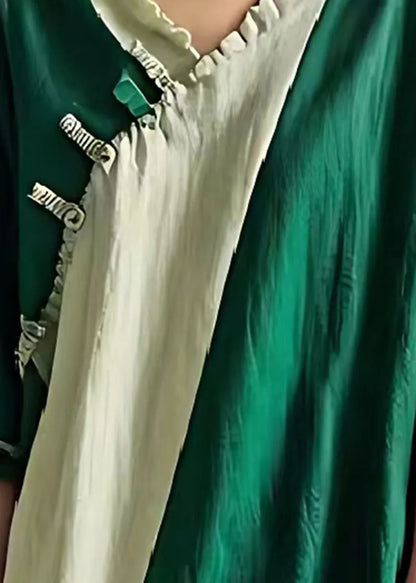 Green Oversized Patchwork Ruffled Linen Shirt Summer