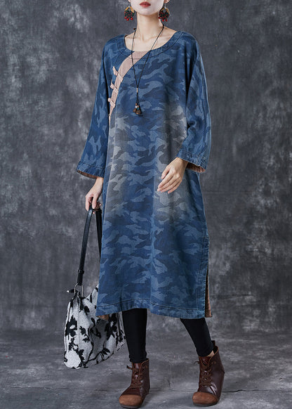 Blue Camouflage Print Chinese Button Denim Dress Spring
