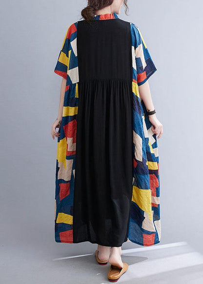Black Loose Ruffles Pockets Patchwork Summer Dress Half Sleeve