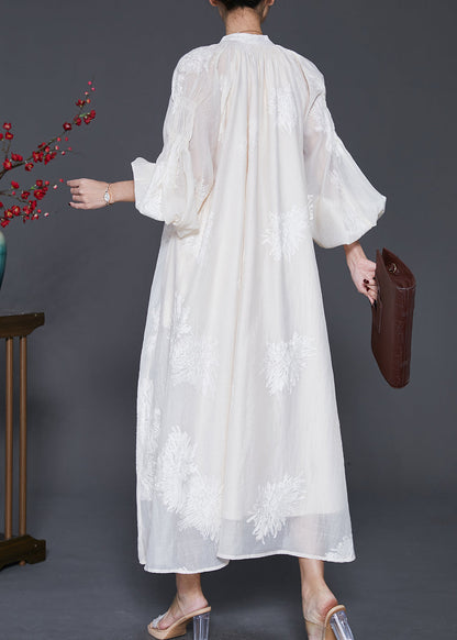 White Embroidered Silk Maxi Dress Lantern Sleeve