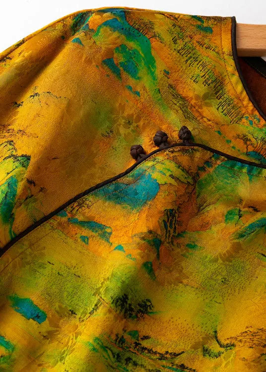 Vogue Yellow O-neck Button Print Silk T Shirt Half Sleeve