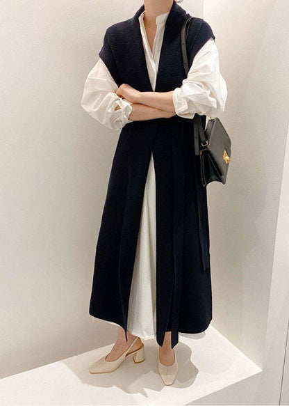 Classy Navy Oversized Original Design Knit Vest and Shirt Two Piece Set Outfits Spring