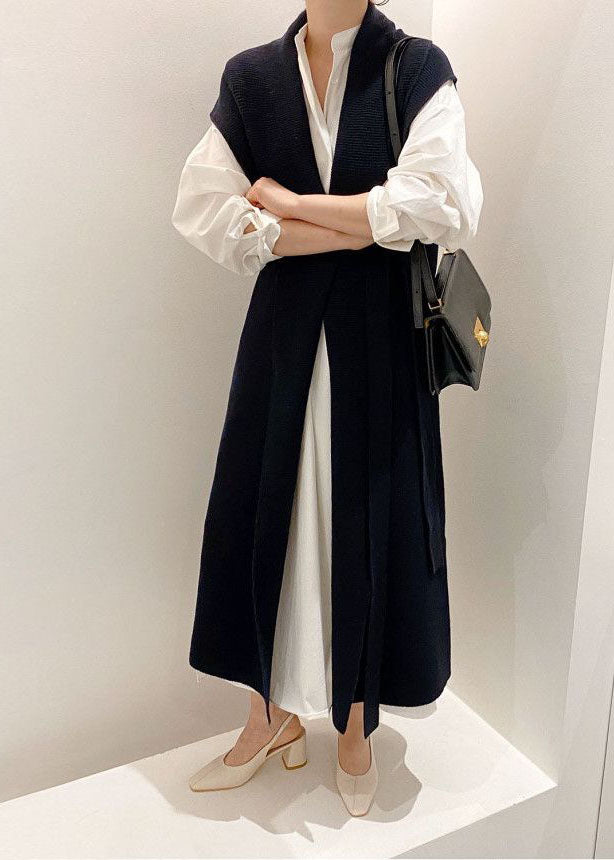Classy Navy Oversized Original Design Knit Vest and Shirt Two Piece Set Outfits Spring
