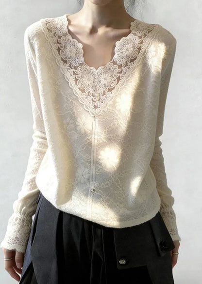 White V Neck Patchwork Jacquard Lace Shirt Tops Spring