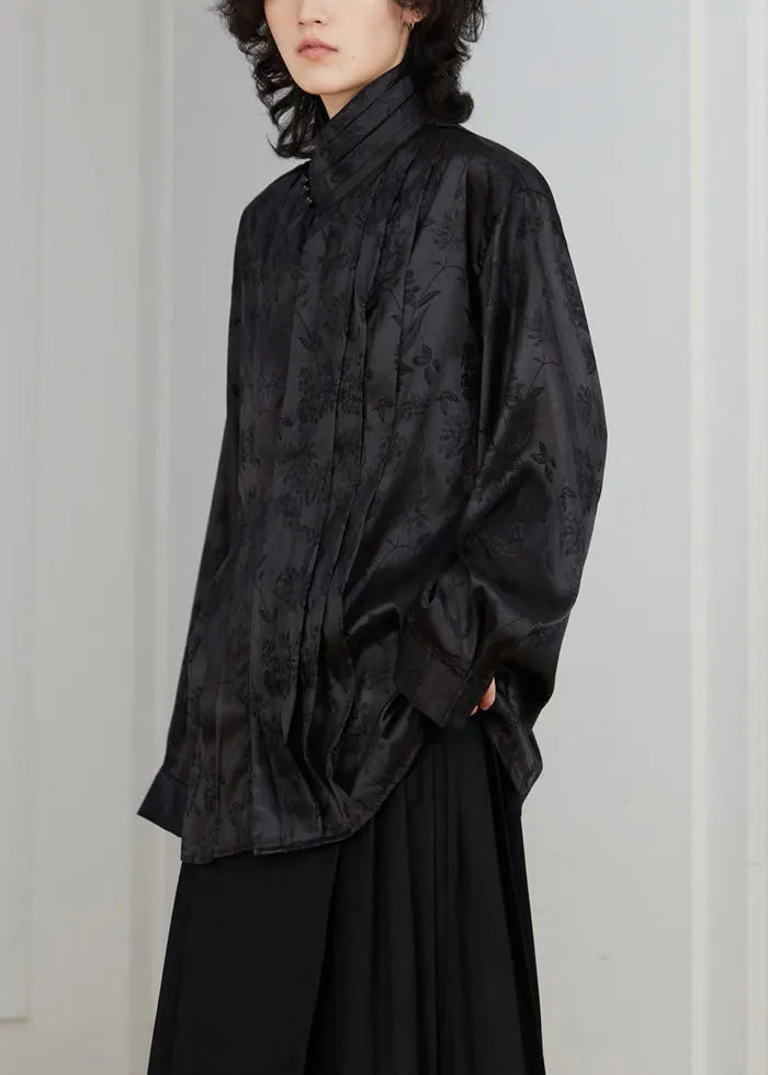 Chinese Style Black Stand Collar Button Silk Blouse Fall