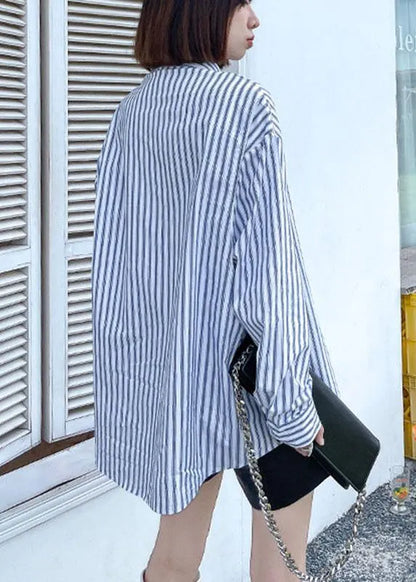 Boutique Blue Peter Pan Collar Button Pockets Fall Striped Shirt Top Long Sleeve