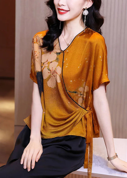 Orange V Neck Asymmetrical Design Tie Waist Print Silk Tops Summer
