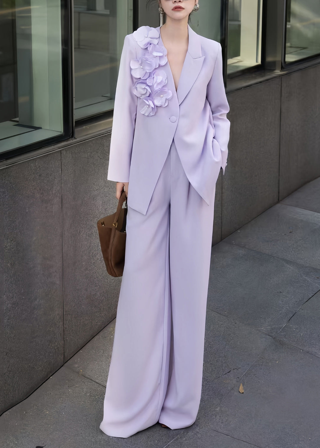 Purple Button Coat and Pants Two Pieces Set Fall