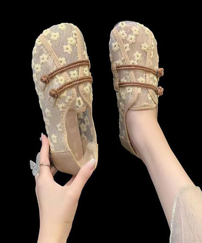 Breathable Mesh Khaki Flat Shoes Embroidery Splicing Soofairy Shoes-20251