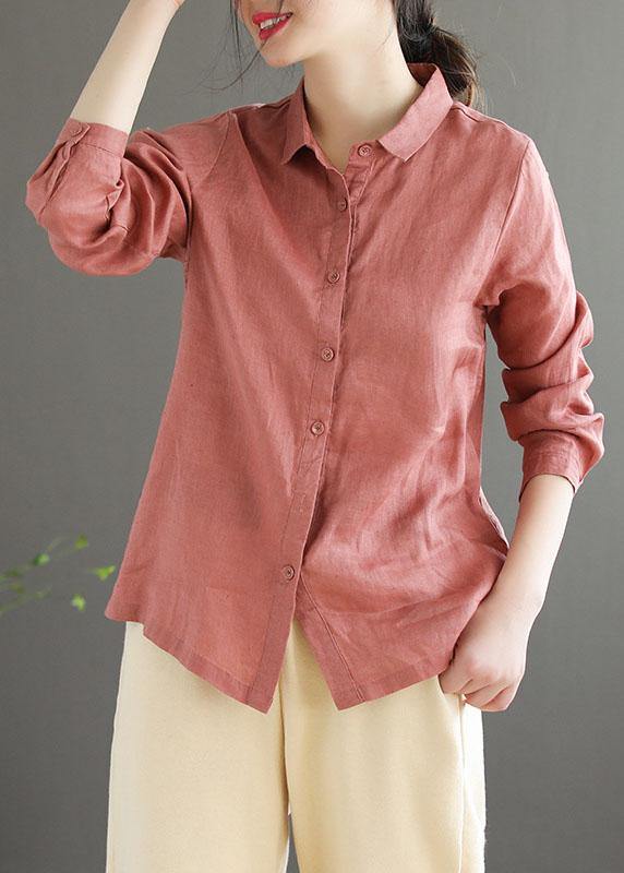 Pink Loose Button Summer Linen Long Sleeve Blouse Top