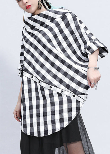 Plaid Stand Collar Asymmetrical Patchwork Button Linen Tops Batwing Sleeve