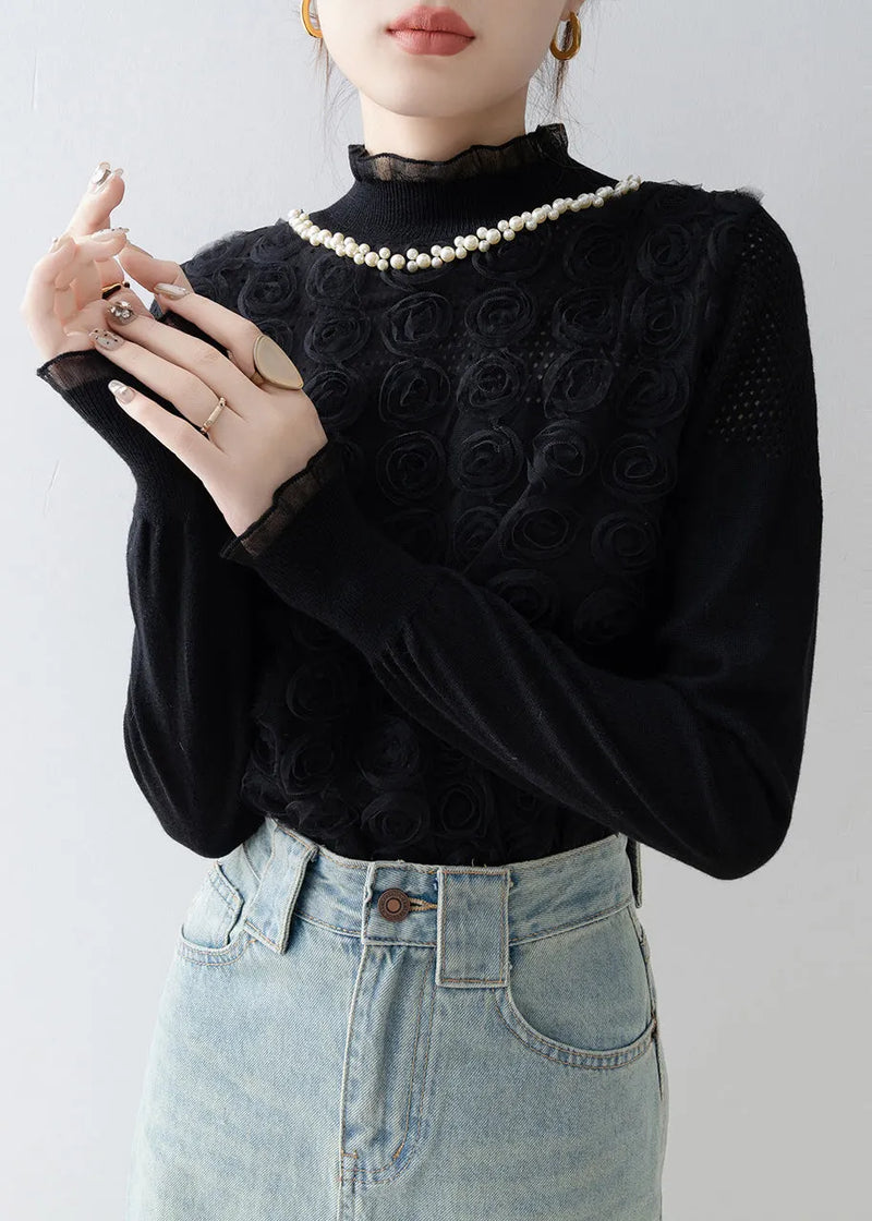 Black Decorated Knit Shirt Top Stand Collar Spring