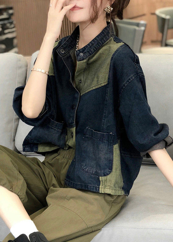 Stand Collar Pockets Patchwork Denim Coats Fall