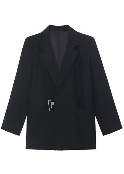 Style Black Notched Pockets Loose Fall Long Sleeve Coat