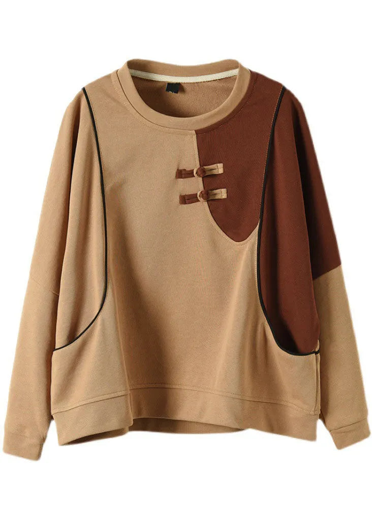 Diy Khaki O-neck Patchwork Cotton Sweatshirts Top Spring