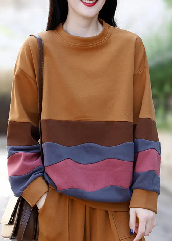 Yellow O-neck Striped Patchwork Top Long Sleeve