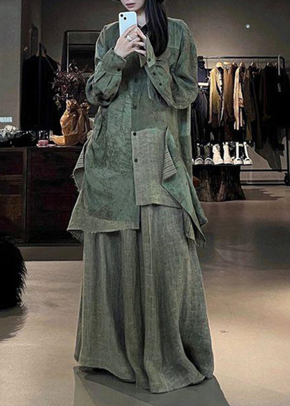 Green Print Patchwork Shirts and Maxi Skirts Two Pieces Set Fall