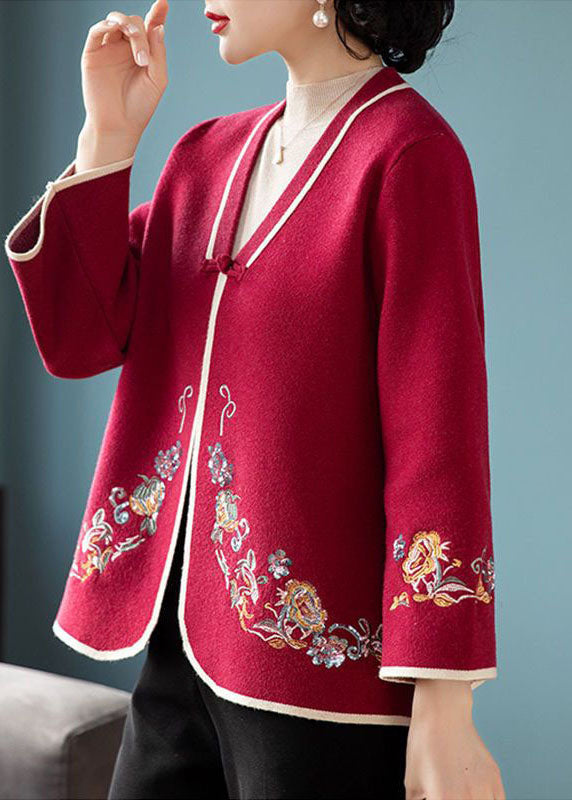 Red Embroideried Oriental Button Woolen Coats Long Sleeve