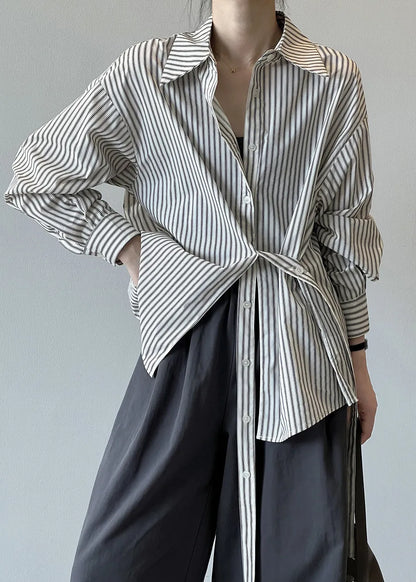 French Peter Pan Collar Striped Button Cotton Shirt Fall