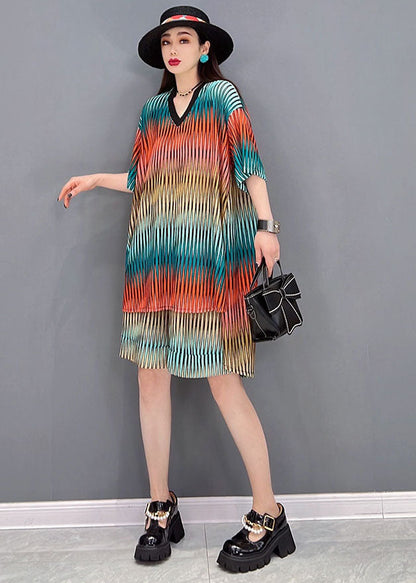 Red Striped Print Cotton Sets Two Pieces Low High Design Summer