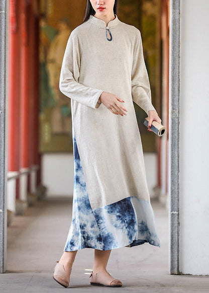 Tie Dye Stand Collar Pockets Cotton Long Dresses Fall