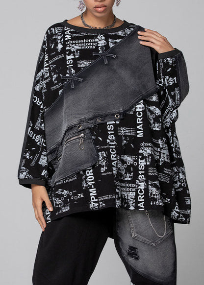 Black Graphic Patchwork Denim Top Spring