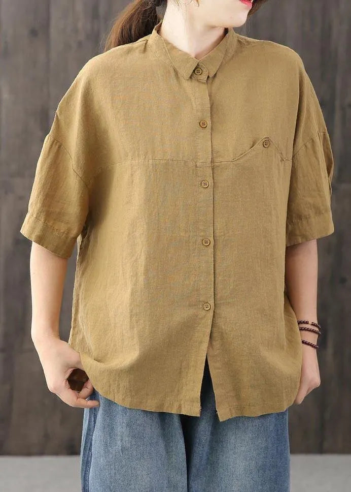 Yellow Peter Pan Collar Asymmetrical Design Cotton Linen Shirts Summer