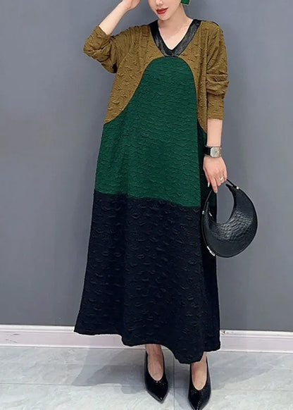 Colorblock O-neck Long Dresses Fall