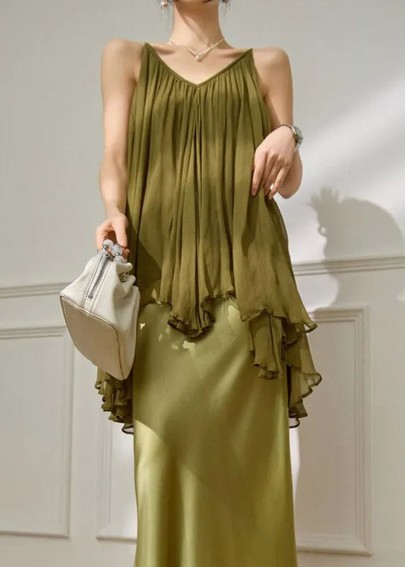 Green Asymmetrical Vests V Neck Summer