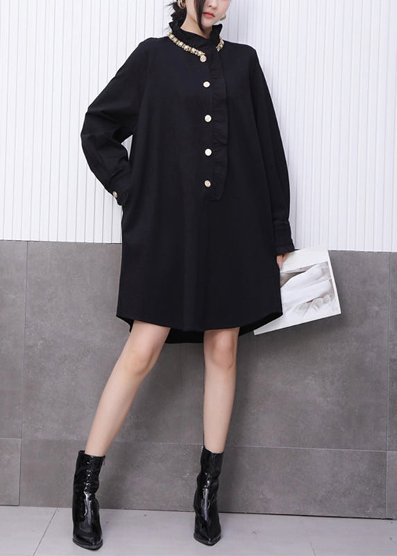 Chinese Style Black Stand Collar Mid Dress Fall