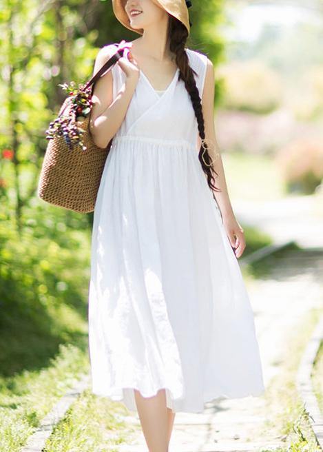 V Neck Sleeveless Summer Clothes Design White Traveling Dress