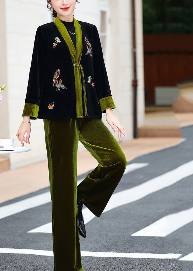 Green V Neck Embroideried Silk Velour Coats and Pants Two Piece Set Fall