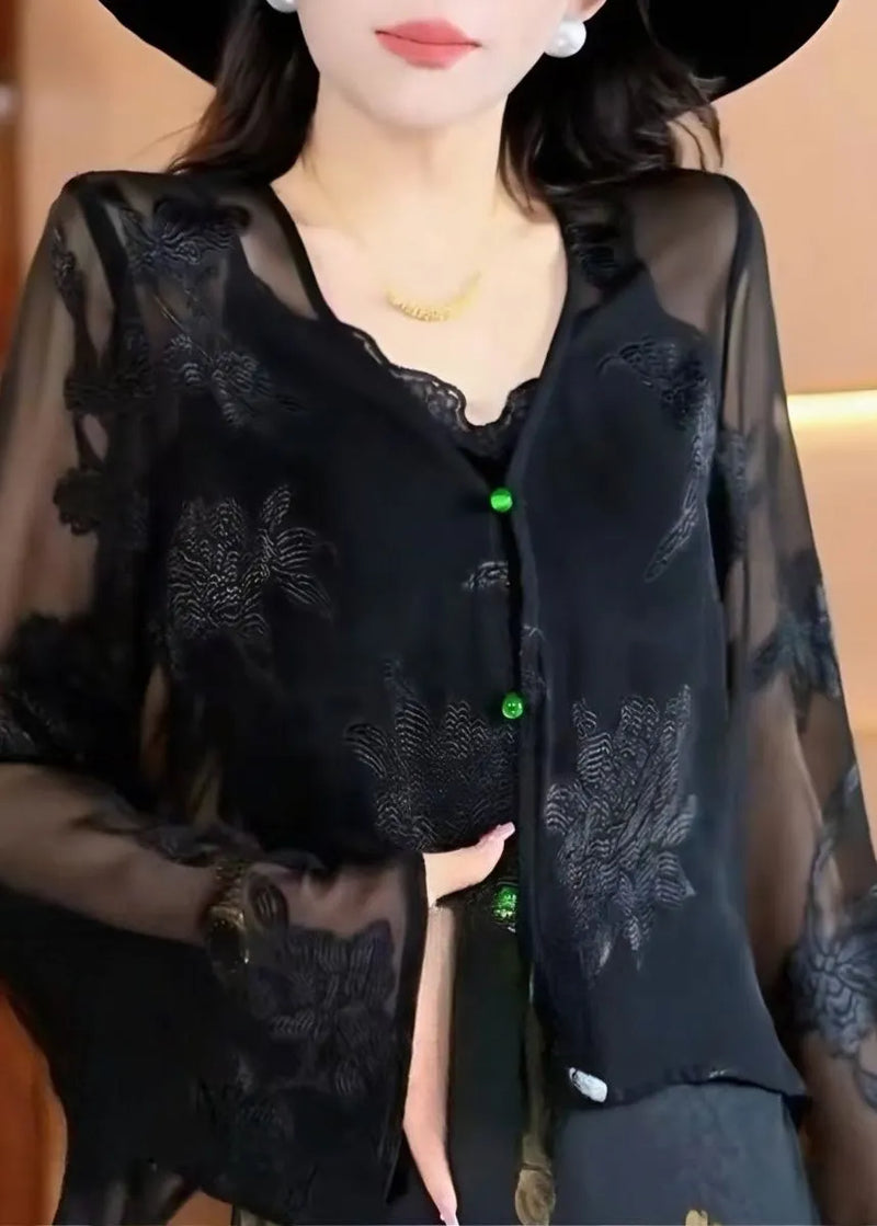 Black V Neck Jacquard Chiffon Top Fall