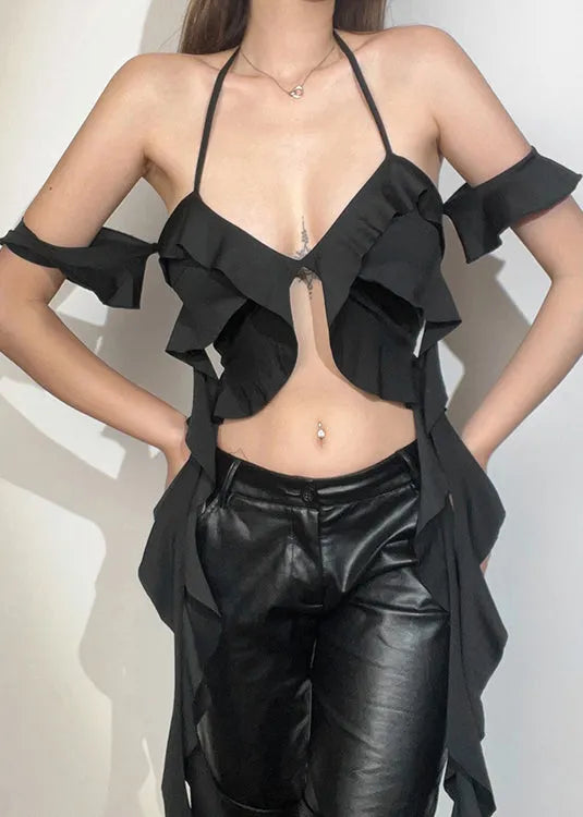 Black Asymmetrical Ruffled Cotton Tank Summer