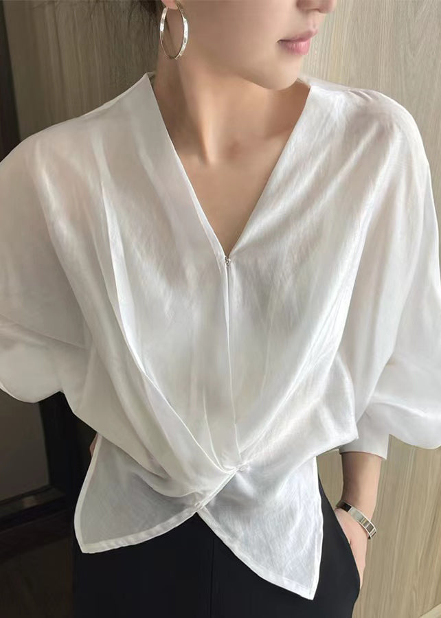 White V Neck Asymmetrical Silk Thin Shirts Spring