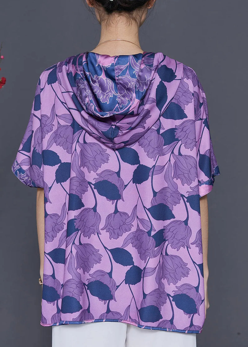 Purple Print Silk Sweatshirts Top Hooded Summer