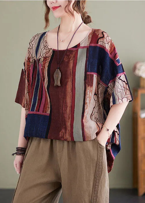 Chocolate Red Print Cotton Loose Tank Tops O-neck Short Sleeve