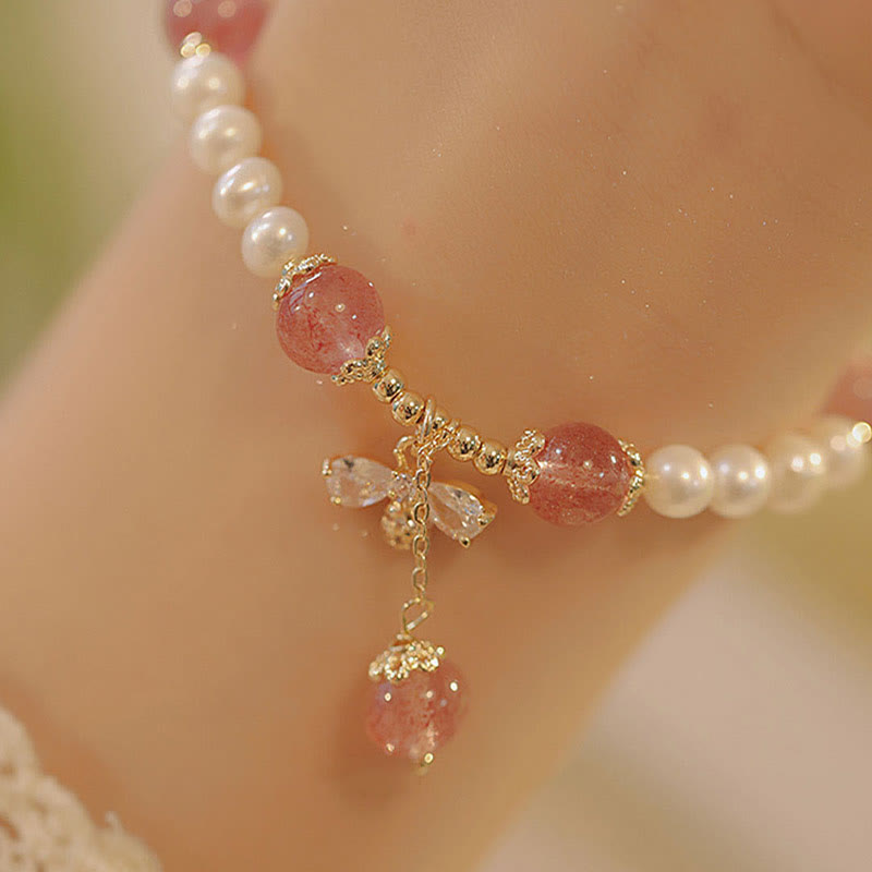 Buddha Stones Natural Pearl Strawberry Quartz Healing Honey Bee Charm Bracelet