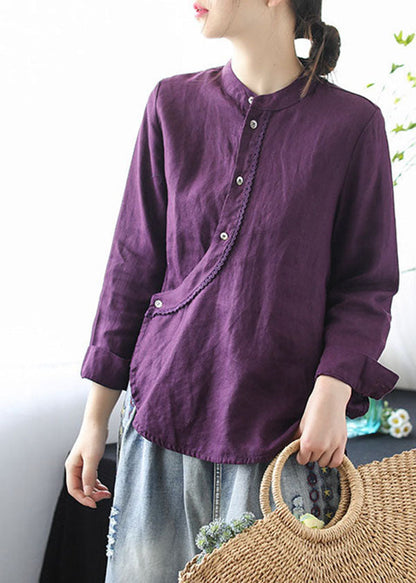 Purple Stand Collar Lace Patchwork Linen Shirt Tops Long Sleeve
