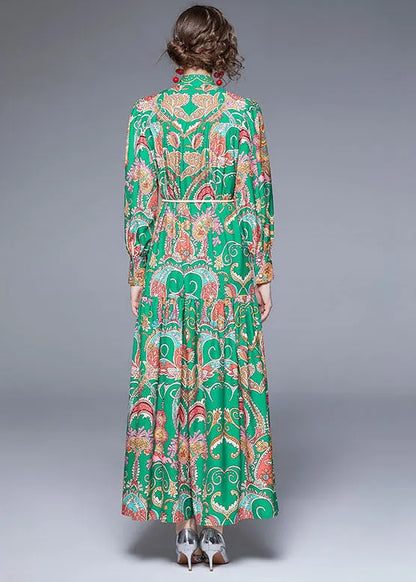 Diy Green Stand Collar Print Wrinkled Sashes Chiffon Holiday Dress Fall