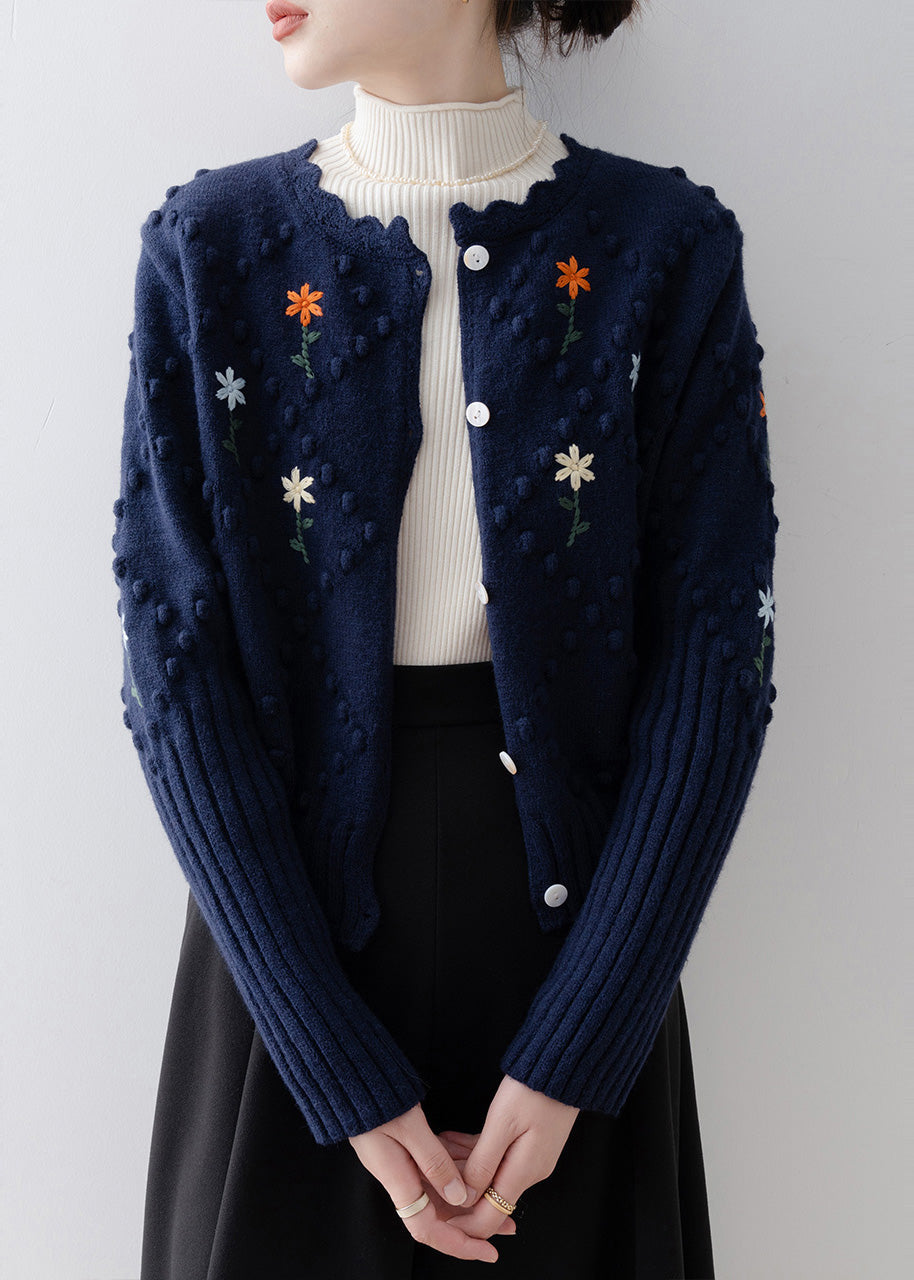 Navy Embroidered Fuzzy Ball Decorated Knit Jacket Winter