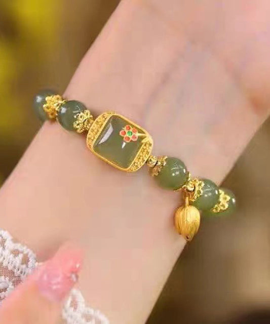 Green Sterling Silver Overgild Jade Lotus Charm Bracelet