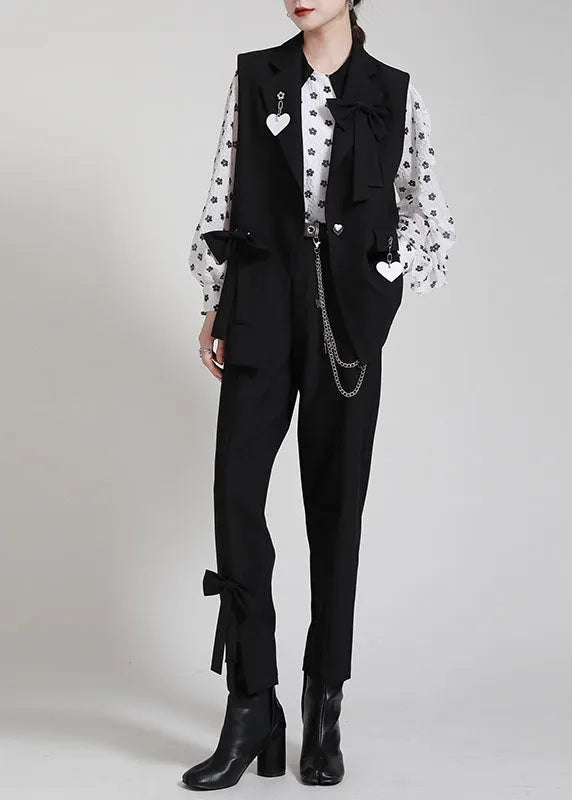 Loose Black Peterpan Collar Button Bow Fall Sleeveless Vest