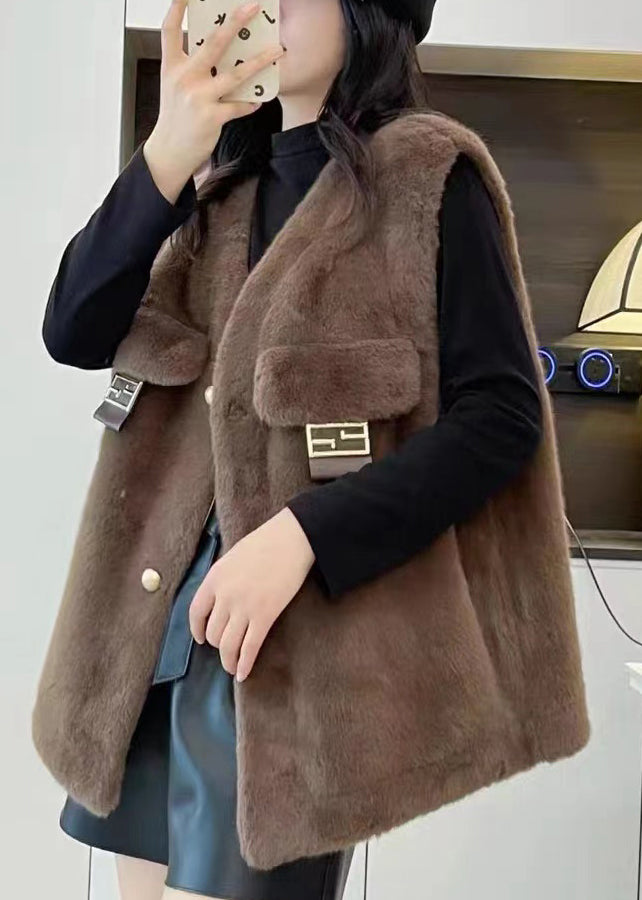 Coffee Button Mink Velvet Waistcoat Sleeveless