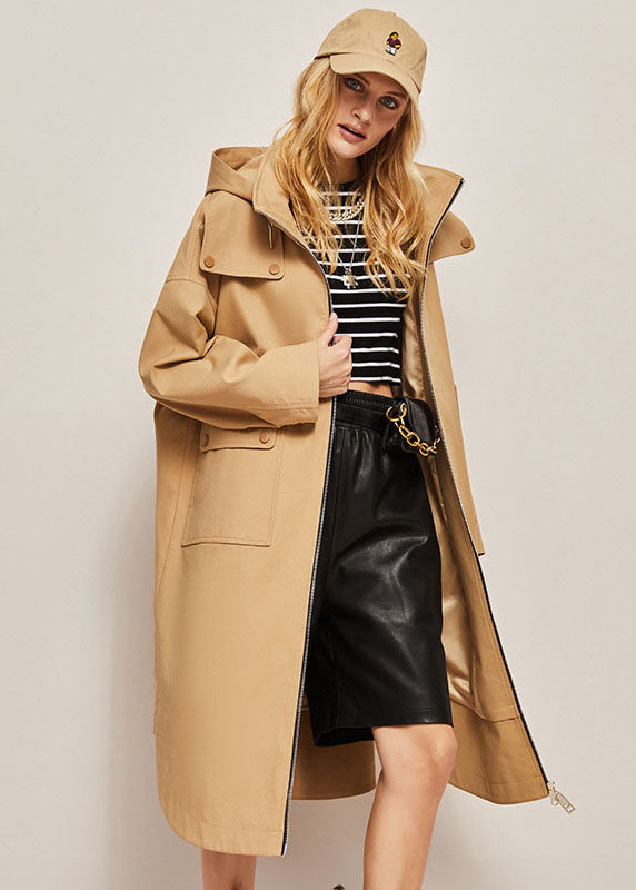 Khaki Hooded Zippered Cotton Cocoon Coats Spring