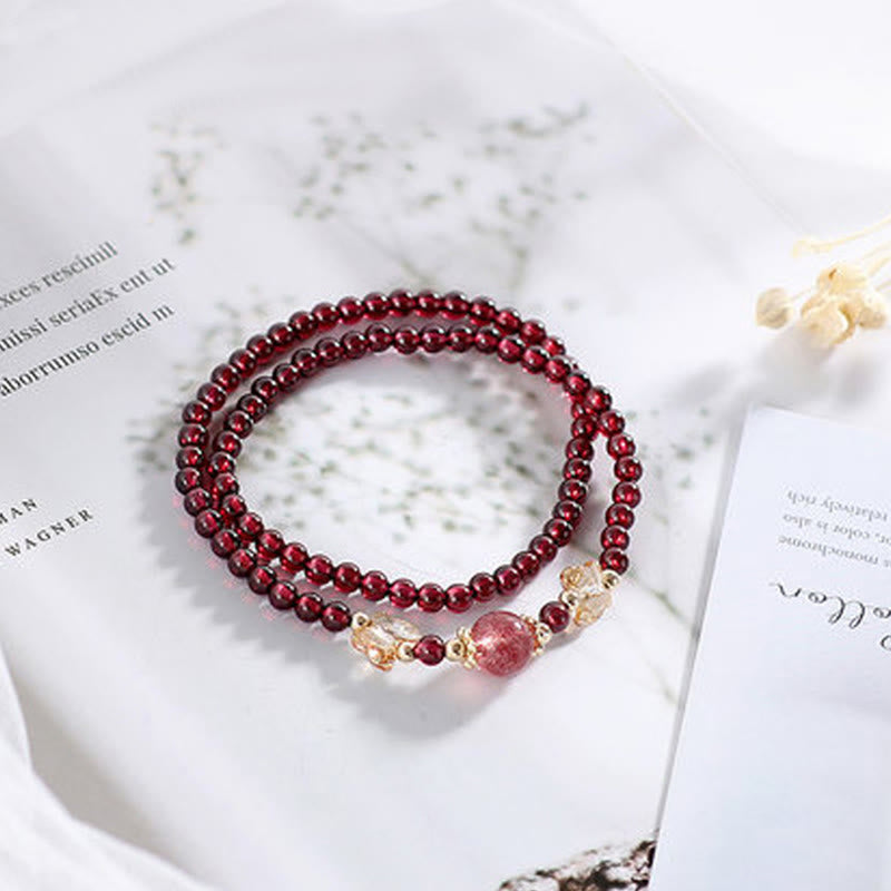 Buddha Stones 14k Gold Plated Natural Garnet Strawberry Quartz Butterfly Protection Double Wrap Bracelet