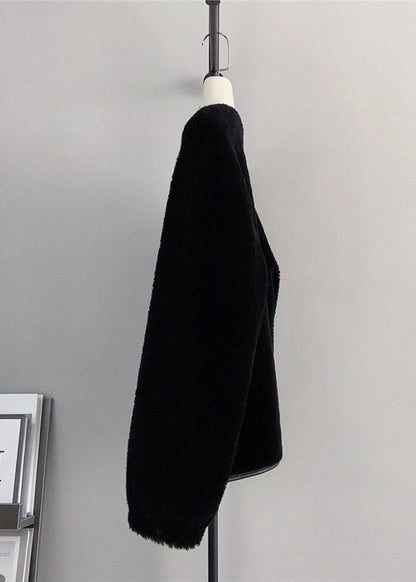 Black O Neck Pockets Button Wool Coats Winter