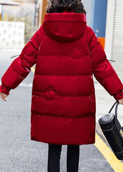Red Stand Collar Zippered Patchwork Bright Hooded Long Fine Cotton Filled Coats Winter